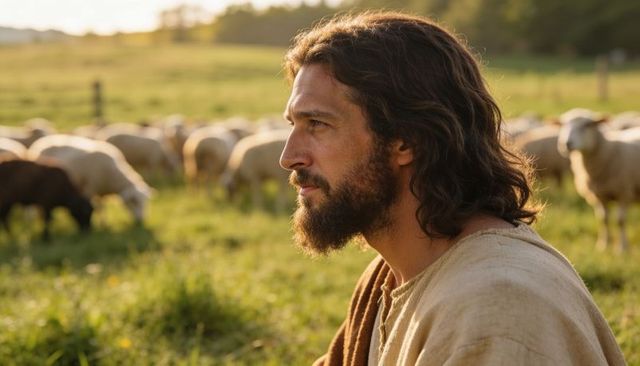 Bearded shepherd watching flock grazing in sunlit meadow at golden hour, tunic and cloak
