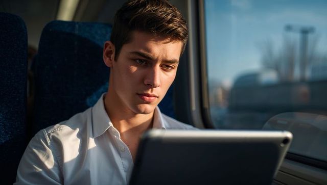 Young man commuting studying on tablet during sunlit train ride with window reflections