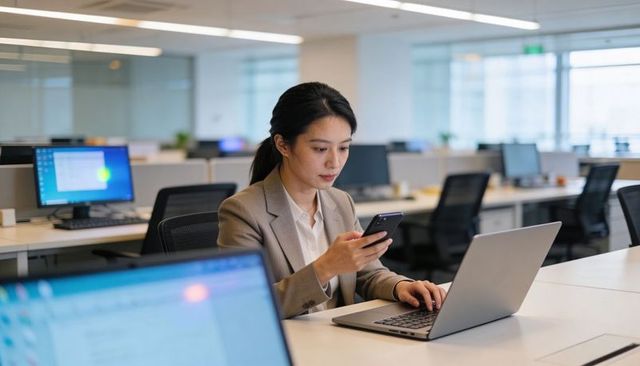 Asian Businesswoman Focused on Laptop and Smartphone in Modern Open-Plan Office