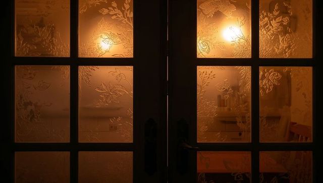 Frosted glass double doors glowing amber light through floral etching cozy home nook
