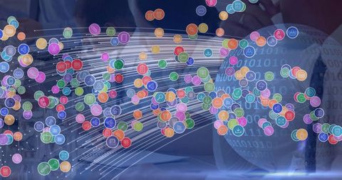 Digital connections and networking with icons and binary overlay
