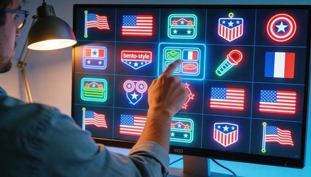 Designer pointing and tapping neon patriotic icons on touchscreen monitor at home office desk