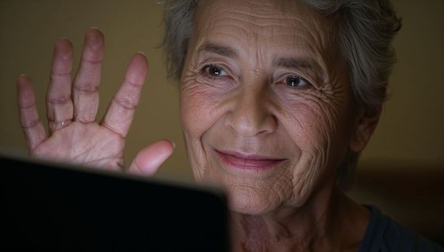 Smiling senior woman waving at laptop screen, warm closeup portrait for elder tech use