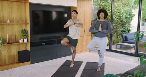 Friends Practicing Yoga Tree Pose in Modern Living Room