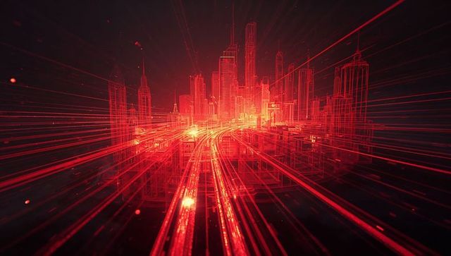 Neon Wireframe Metropolis Racing Along Converging Light Lanes Toward Vanishing Glow