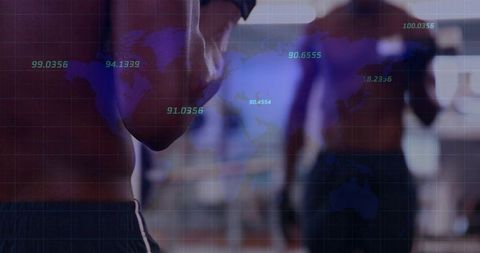Muscular torso holding towel at gym with global data overlay, fitness training concept