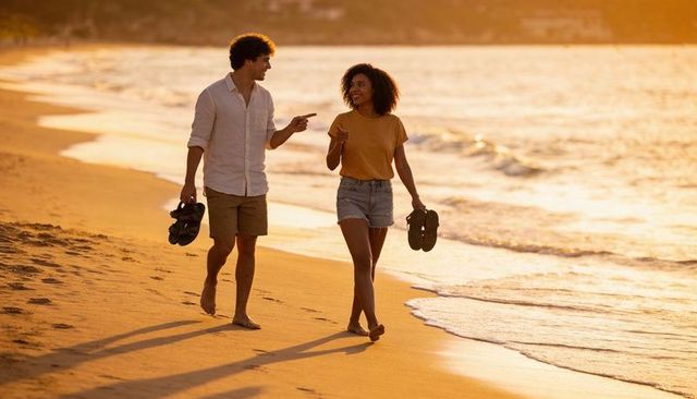 Walking barefoot couple at golden hour holding sandals leaving footprints along shoreline