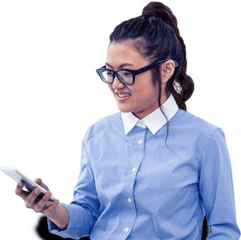 Transparent Asian Businesswoman Engaging with Smartphone