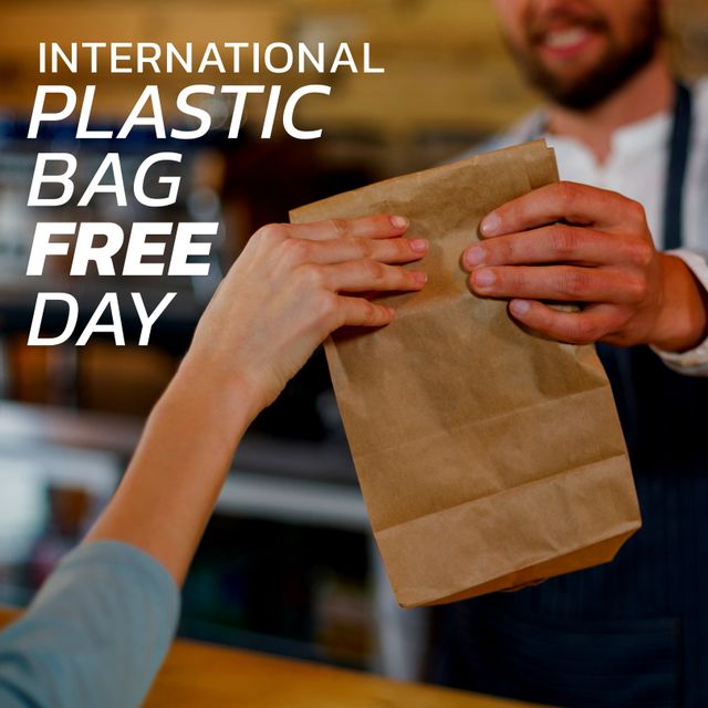 Barista Handing Paper Bag to Customer Celebrating International Plastic Bag Free Day - Download Free Stock Templates Pikwizard.com