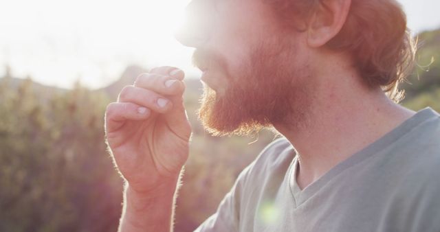 Bearded Man Brushing Teeth Outdoors at Sunrise - Download Free Stock Images Pikwizard.com