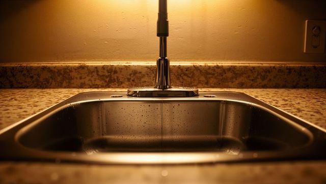 Reflecting warm light stainless steel sink with chrome faucet and water droplets on granite