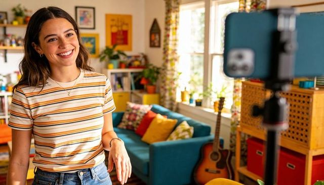 Smiling woman recording vlog in colorful living room with guitar, plants and cozy decor