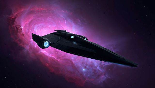 Sleek Black Starship Gliding Past Magenta Nebula With Blue Thruster and Cyan Windows