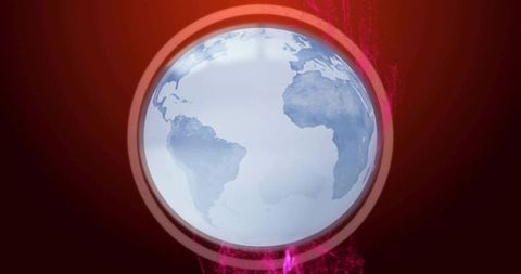 Rotating neon globe with glowing ring and magenta smoke, futuristic digital earth visual