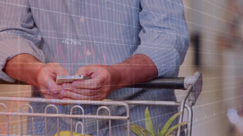 Man Shopping with Smartphone and Financial Data Overlay
