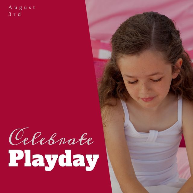 Composite of caucasian cute girl sitting on bed and august 3rd with celebrate playday text. pink background, copy space, childhood, playing, awareness, celebration and campaign concept.
