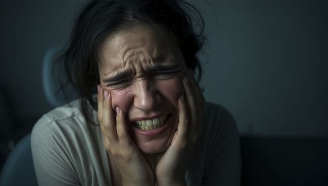 Expressive woman clutching cheeks in dim clinic setting