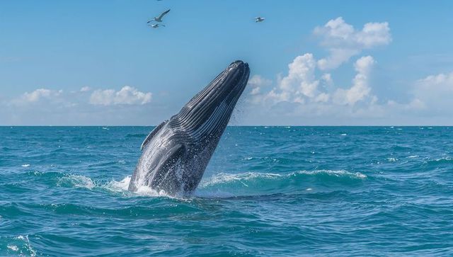 Humpback whale breaching showing pleated throat grooves over turquoise ocean