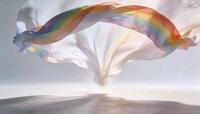 Billowing sheer rainbow scarf floating over salt flat backlit by low sunlight