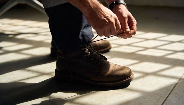 Tying worn leather work boots in sunlit entryway with grid shadow and laces detail