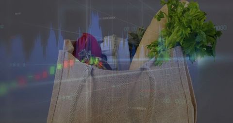 Reusable jute grocery bag holding fresh produce and baguette with market data overlay