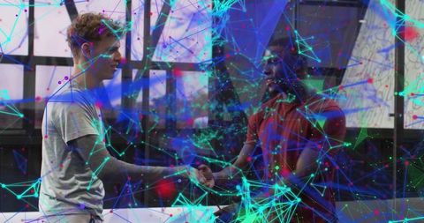 Shaking hands in office with abstract network overlay representing team collaboration