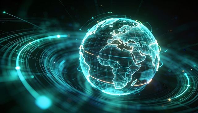 Holographic rotating globe with data rings and neon network trails for ai technology