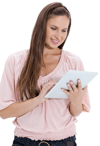 Woman Engaging with Tablet on Transparent Background