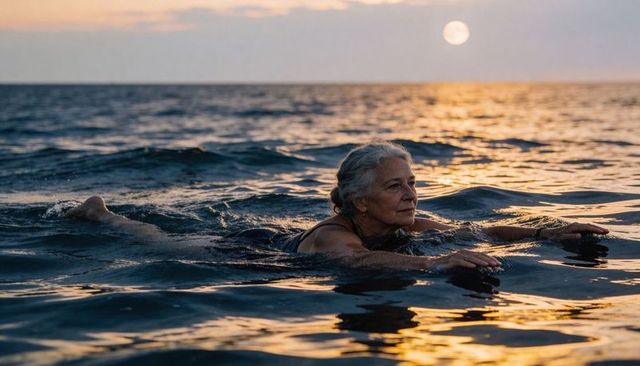 Senior woman swimming at dusk in open sea with golden sunset reflections and calm focus