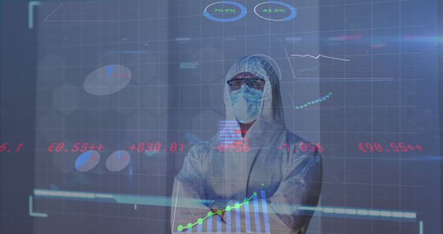 A healthcare professional dressed in protective medical gear is seen analyzing medical statistics displayed on a high-tech digital interface. This image illustrates the integration of advanced technology in the medical field and is useful for depicting concepts of modern healthcare, medical research, and data-driven diagnostics. It can be used for medical presentations, healthcare articles, technological advancements in medicine, and innovation in medical research.