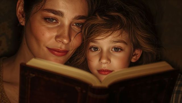 Mother and daughter reading by warm lamp during cozy bedtime story, intimate family bond