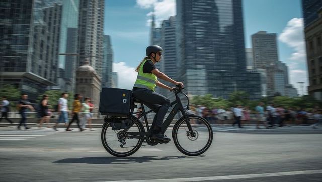 E-bike courier riding downtown wearing reflective vest and carrying insulated delivery bag