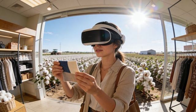 Woman wearing vr headset exploring cotton fabric swatches in boutique with field backdrop