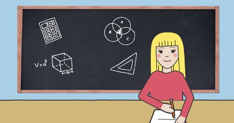 Schoolgirl writing in classroom with blackboard illustrations