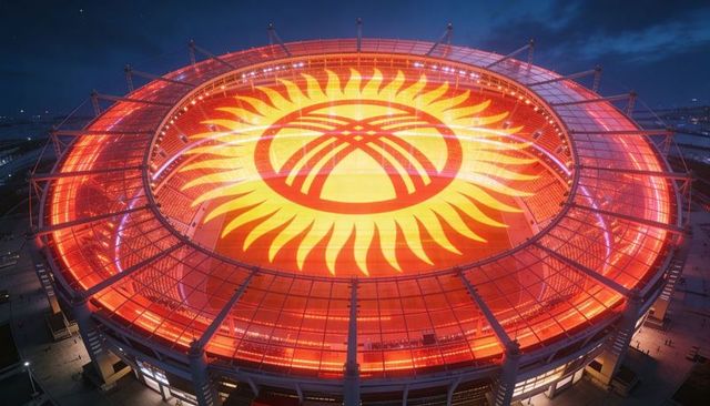 Glowing circular stadium roof displaying giant sun emblem over waterfront skyline at night