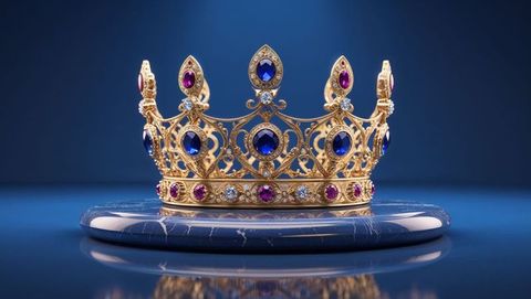 Opulent gold crown with blue and purple gemstones on display