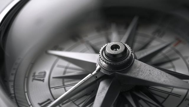 Macro brass compass rose closeup showing precision pivot screw and glass dome navigation