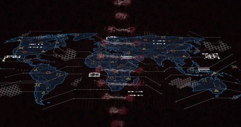 Futuristic Digital World Map with Nodes and Warning Indicators
