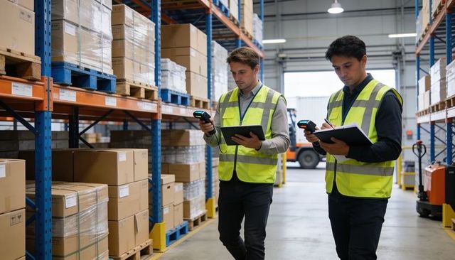 Inventory audit team walking and scanning pallets with tablets and barcode scanners