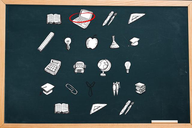 This image features various school-related icons drawn on a blackboard with a wooden frame. Icons include a laptop, books, apple, light bulb, calculator, ruler, globe, and graduation cap, among others. Ideal for educational materials, classroom decorations, back-to-school promotions, and teaching resources.