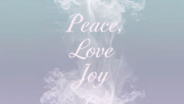 Peace love joy in delicate cursive on pastel teal-to-lavender gradient with soft smoke glow