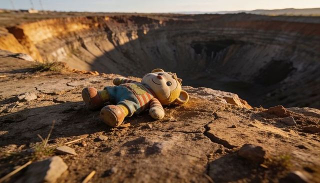 Worn plush bear lying on crater rim at golden hour, abandoned toy evoking nostalgia, loss