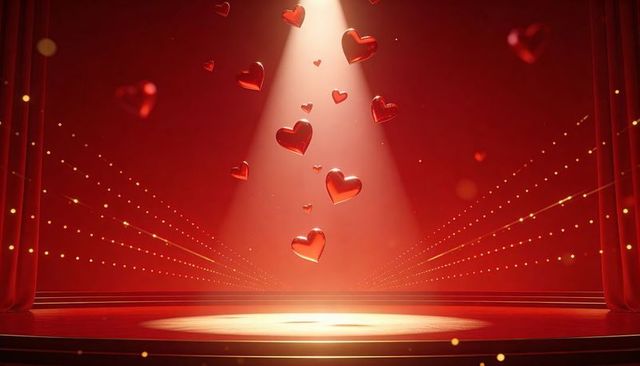 Glossy Red Hearts Floating Above Spotlight Stage with Velvet Curtains and Golden Lights
