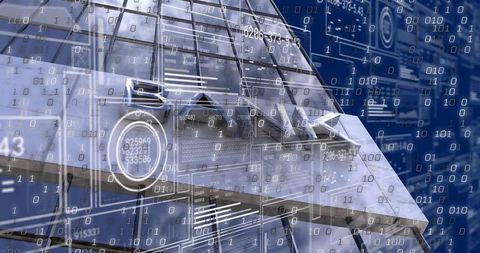 Futuristic glass skyscraper facade with binary hud overlay and data visualization interface
