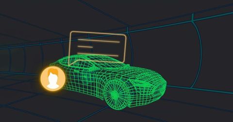Futuristic Neon Wireframe Car with Holographic Interface and UI Elements