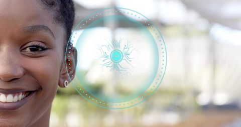 Woman smiling with ai graphic outdoors