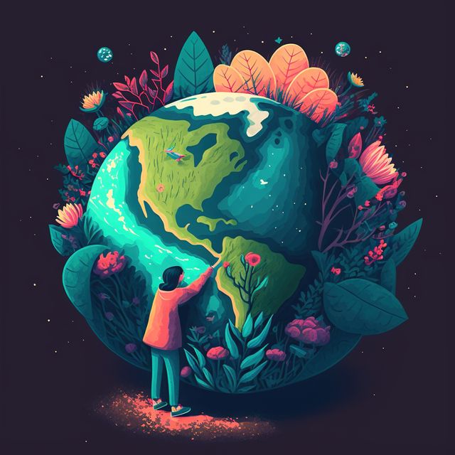 Composition of woman embracing globe with plants from space, created using generative ai technology. Earth day and ecology concept digitally generated image.