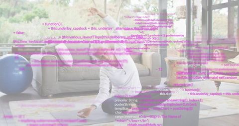 Woman stretching on yoga mat at home with laptop and magenta code overlay for fitness