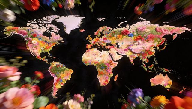 Blooming world map radiating motion blur on dark backdrop, floral collage globe art