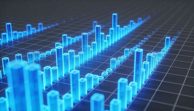 Glowing 3d bar chart visualizing data trends on dark grid for analytics and finance